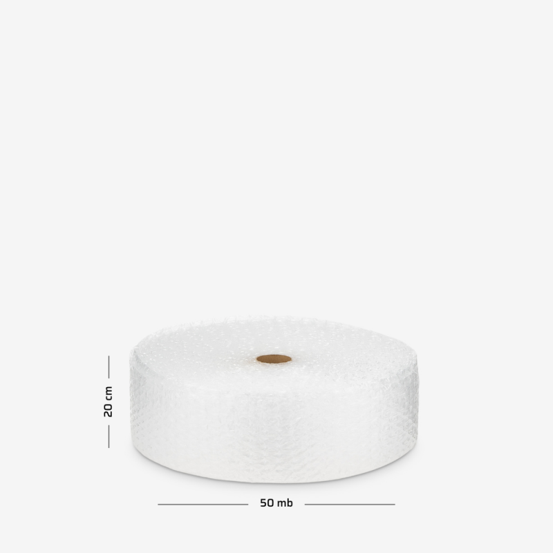 Fill & Wrap Luftpolsterfolie mit großen Noppen 20 cm mit Abmessungen auf grauem Hintergrund
