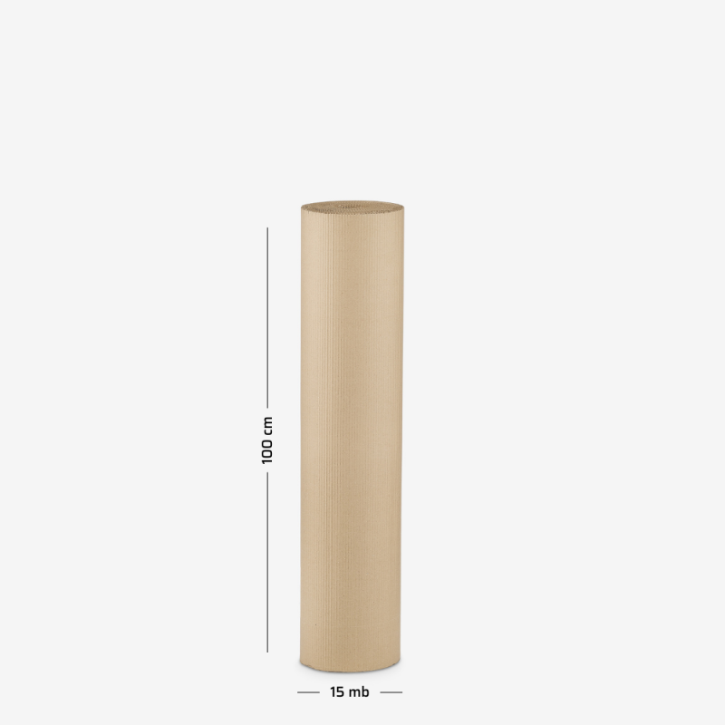 Wellpappe auf Rolle, 100 cm Breite, 15 lfm, dargestellt auf grauem Hintergrund
