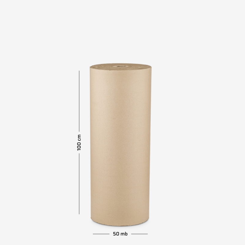 Wellpappe auf Rolle, 100 cm Breite, 75 lfm, dargestellt auf grauem Hintergrund