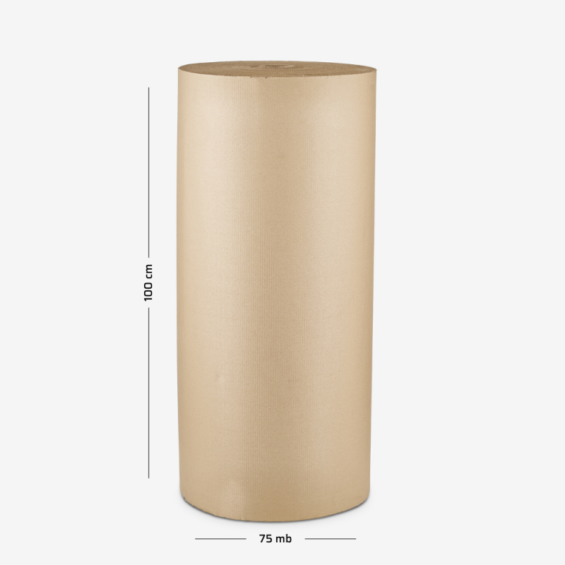 Wellpappe auf Rolle, 100 cm Breite, 50 lfm, dargestellt auf grauem Hintergrund