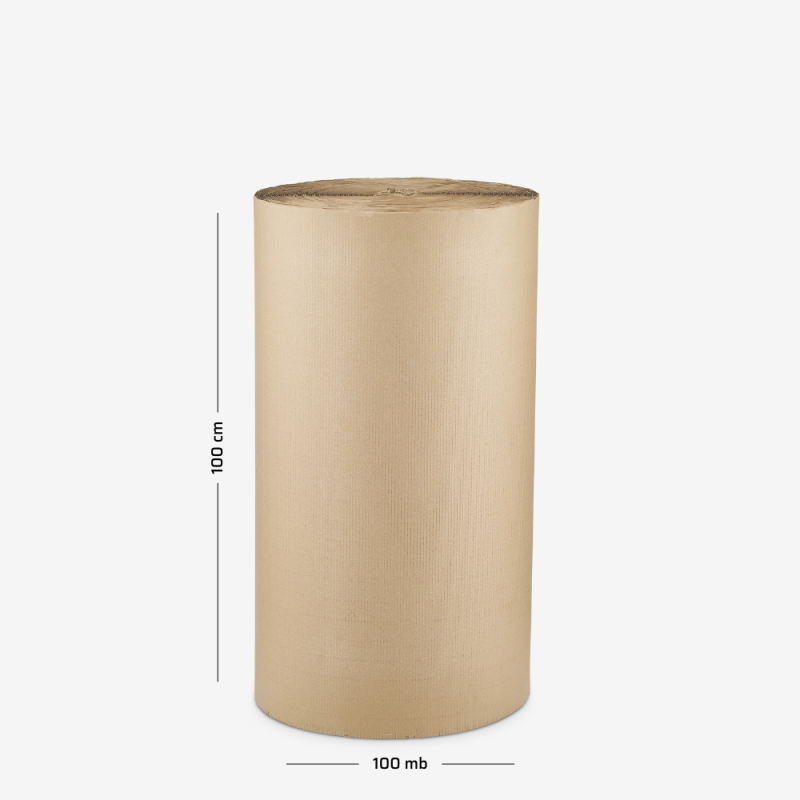 Wellpappe auf Rolle, 100 cm Breite, 100 lfm, dargestellt auf grauem Hintergrund