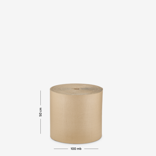 2-lagige Wellpappe auf Rolle, 50 cm Breite, mit eingezeichneten Abmessungen; auf grauem Hintergrund dargestellt – Version 3