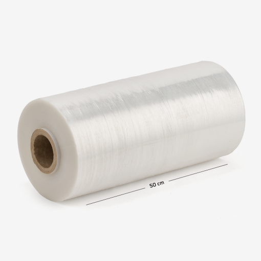 Maschinen-Stretchfolie transparent, 17 kg auf grauem Hintergrund mit Maßen.