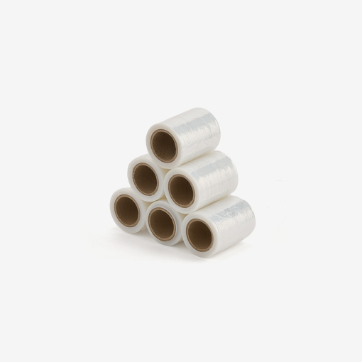 Mini-Stretchfolie transparent – ca. 120 Meter, 6er-Pack auf grauem Hintergrund