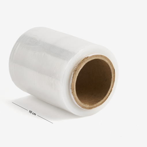 Mini-Stretchfolie transparent – ca. 120 Meter, mit Abmessungen auf grauem Hintergrund