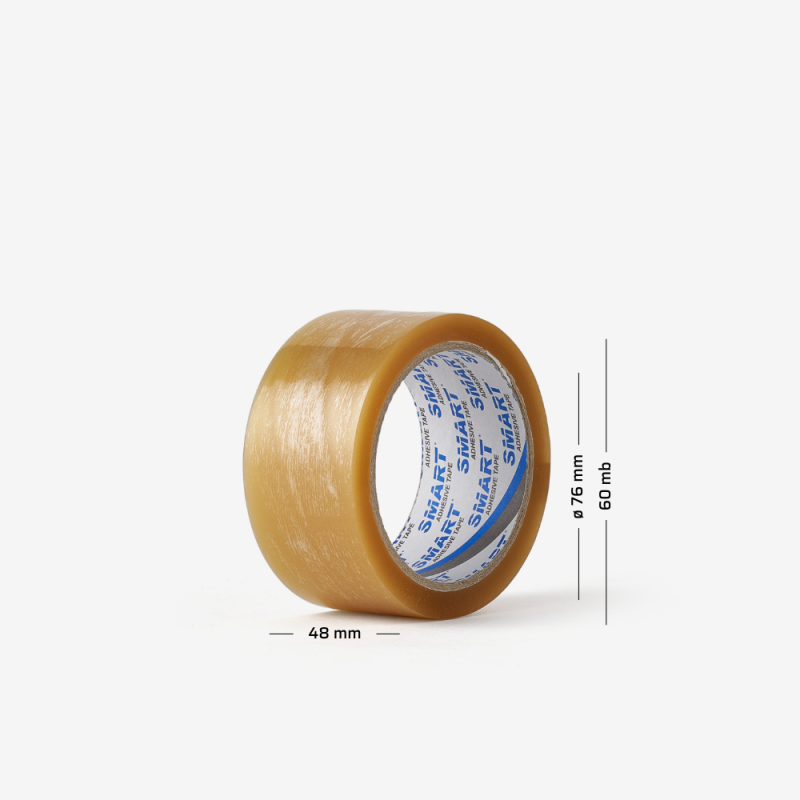 Rolle transparentes, kautschukbasiertes Packband mit Maßangaben - geeignet für Büro- und Lageranwendungen.