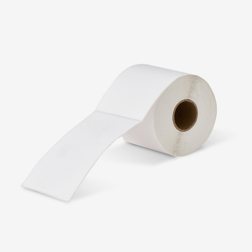 Thermoetiketten 100x150 mm – 500 Stück auf Rolle, präsentiert auf grauem Hintergrund