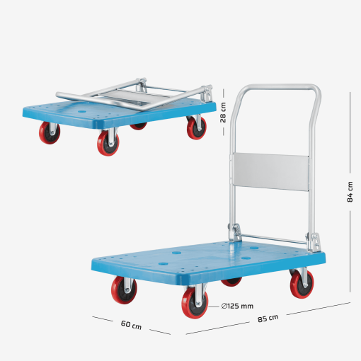 Plattform-Transportwagen bis 300 kg Tragkraft – zusammengeklappt und ausgeklappt vor grauem Hintergrund