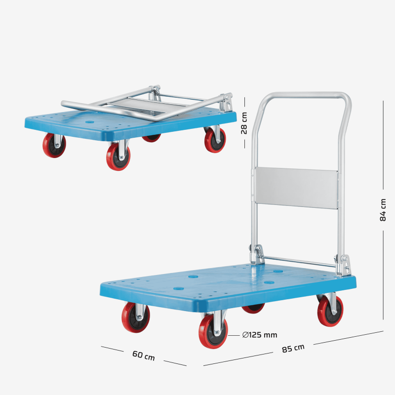 Plattform-Transportwagen bis 300 kg Tragkraft – zusammengeklappt und ausgeklappt vor grauem Hintergrund
