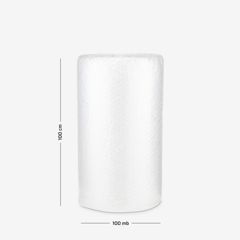 Fill & Wrap Luftpolsterfolie mit großen Noppen 100 cm mit Abmessungen auf grauem Hintergrund