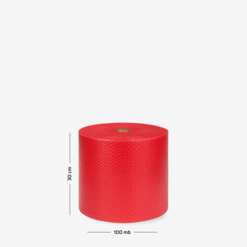 Luftpolsterfolie auf der Rolle B1 30 cm – Leicht, 2-lagig, Rot mit Abmessungen auf grauem Hintergrund.
