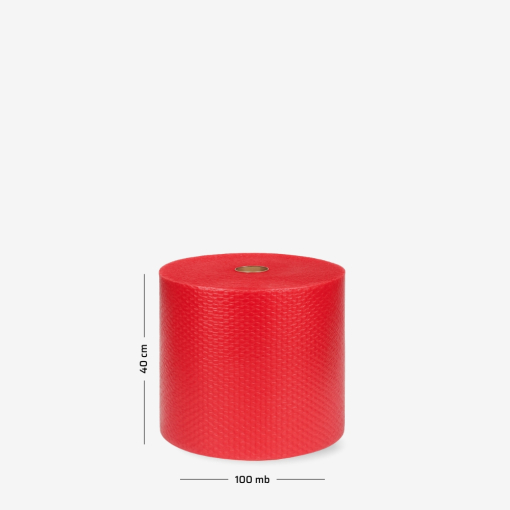Luftpolsterfolie auf der Rolle B1 40 cm – Leicht, 2-lagig, Rot mit Abmessungen auf grauem Hintergrund.