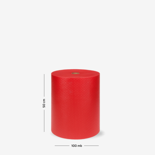 Luftpolsterfolie auf der Rolle B1 50 cm – Leicht, 2-lagig, Rot mit Abmessungen auf grauem Hintergrund.
