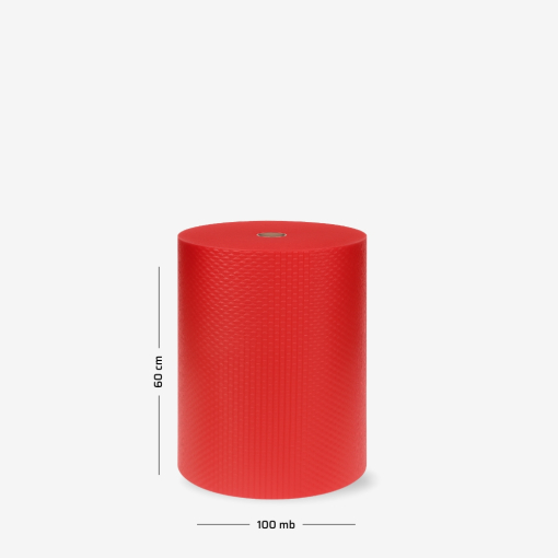 Luftpolsterfolie auf der Rolle B1 60 cm – Leicht, 2-lagig, Rot mit Abmessungen auf grauem Hintergrund.