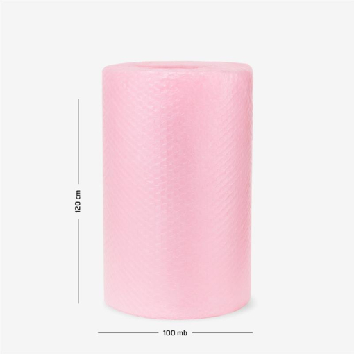 Rosa Luftpolsterfolie auf Rolle 120 cm × 100 m – ideal zum Schutz empfindlicher Gegenstände beim Transport.