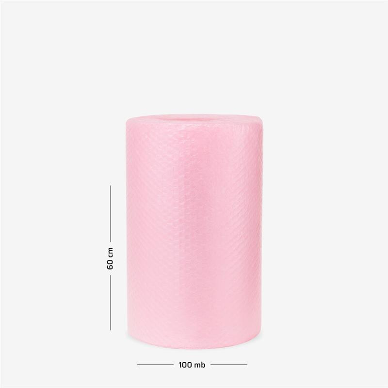 Rosa Luftpolsterfolie auf Rolle 60 cm × 100 m – ideal zum Schutz empfindlicher Gegenstände beim Transport.