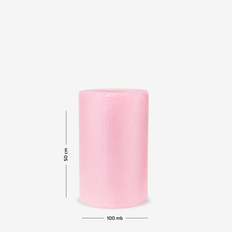 Rosa Luftpolsterfolie auf Rolle 50 cm × 100 m – ideal zum Schutz empfindlicher Gegenstände beim Transport.
